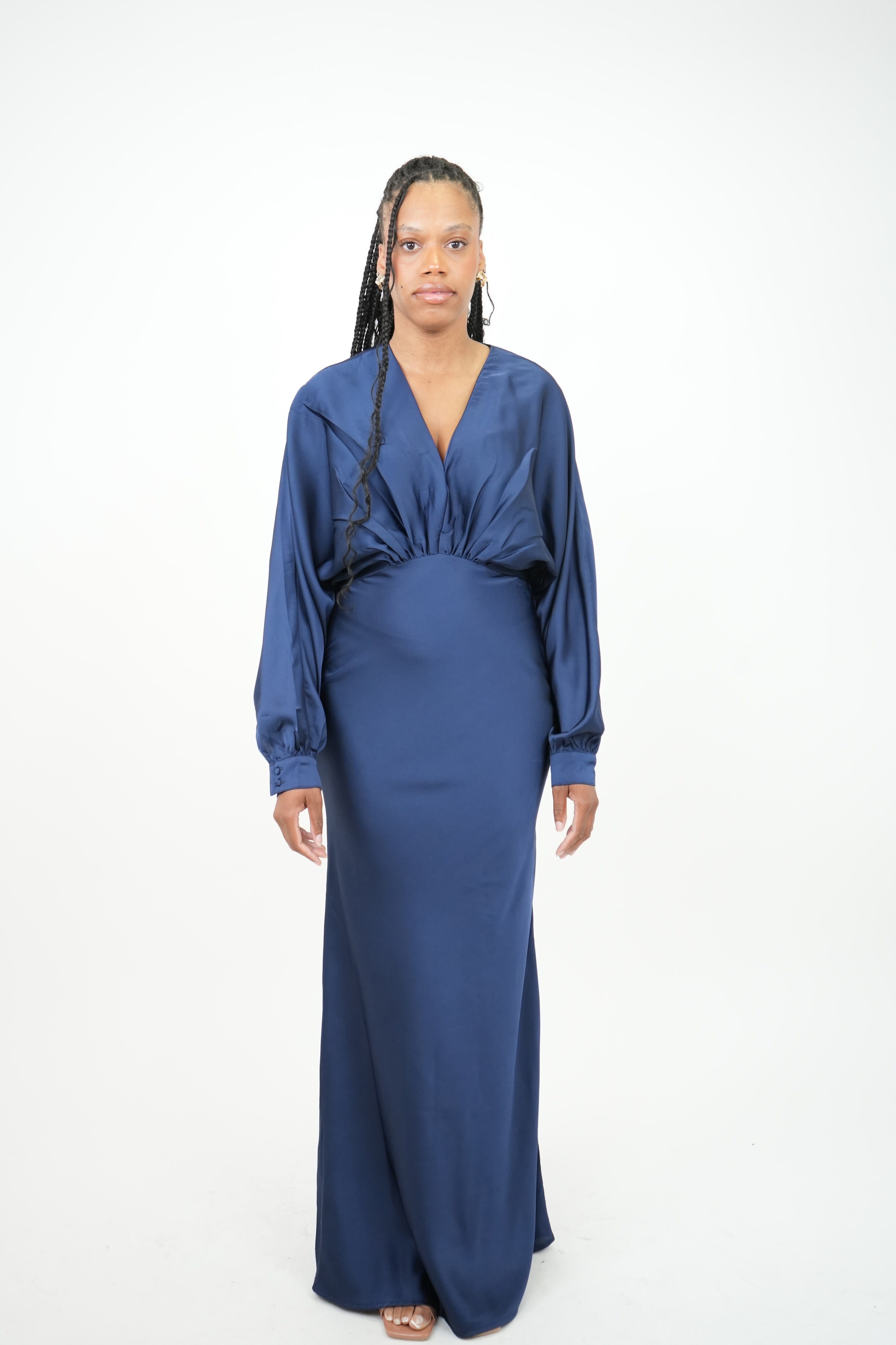 ARIEL - Robe longue de soirée en satin marine