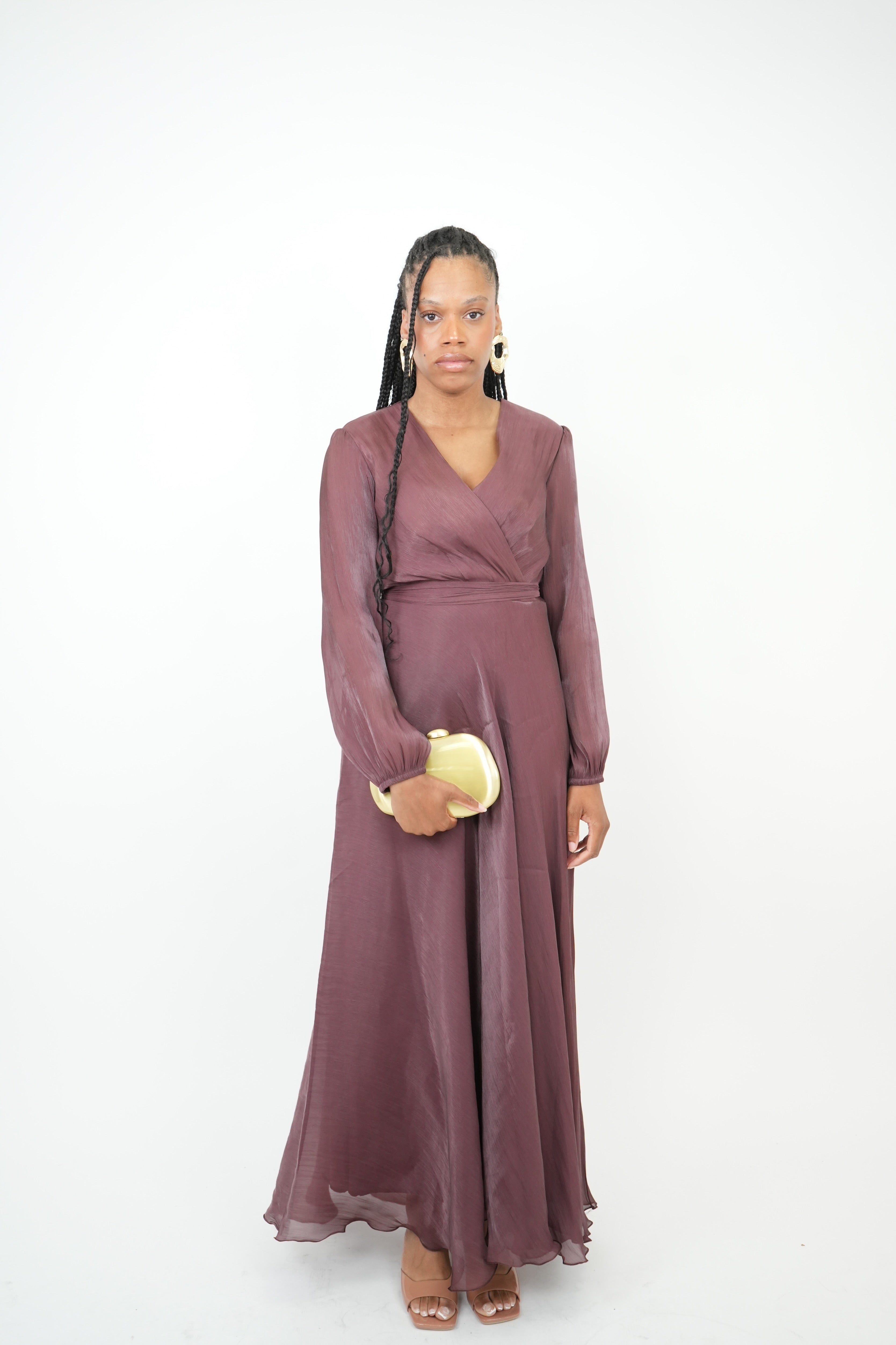 PRISCA - Robe longue cache-coeur prune