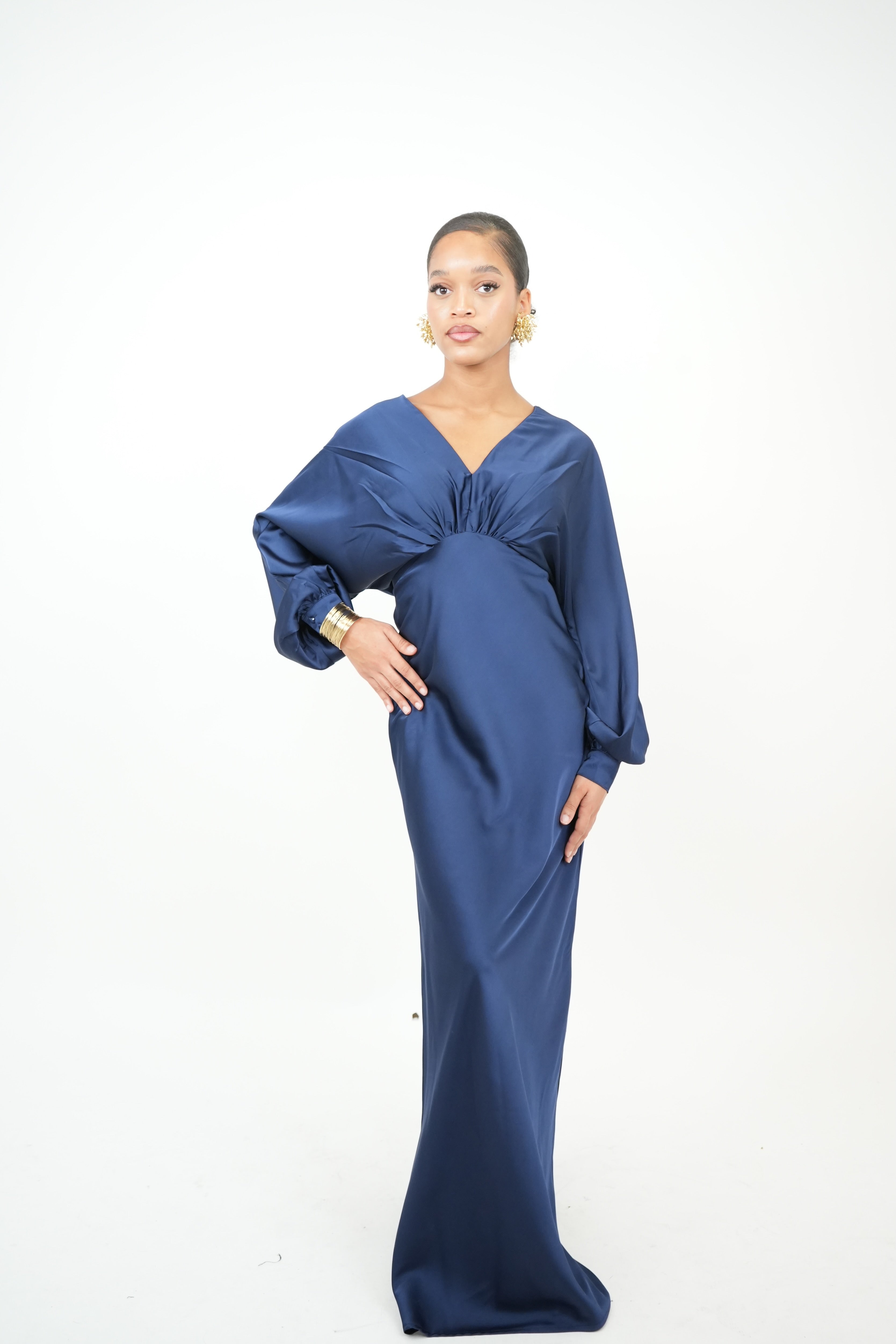 ARIEL - Robe longue de soirée en satin marine